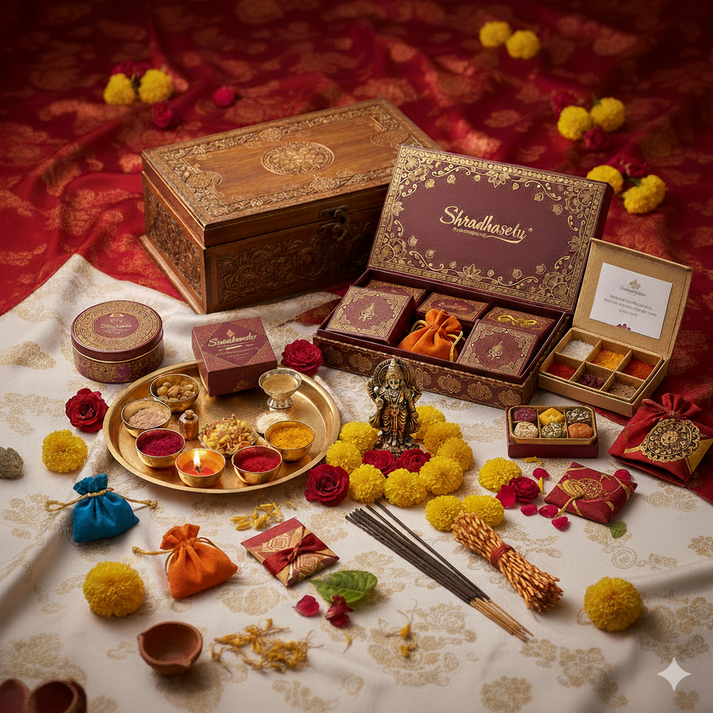 A complete Puja Kit beautifully arranged